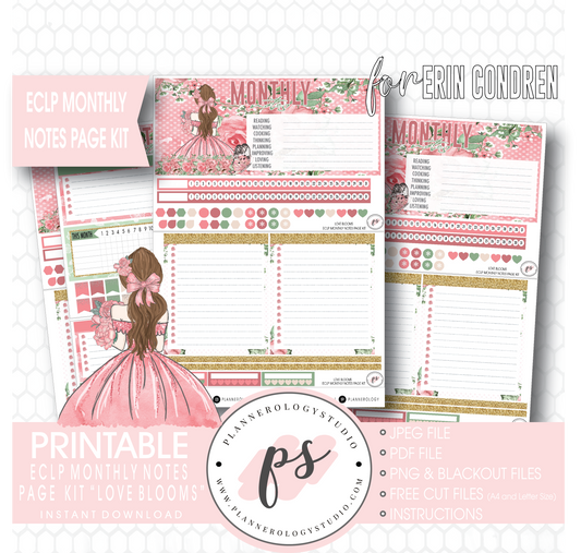 Love Blooms Monthly Notes Page Kit Digital Printable Planner Stickers (for use with Erin Condren) - Plannerologystudio