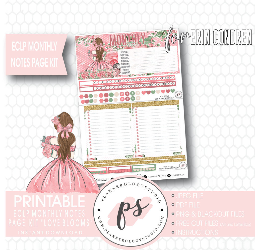 Love Blooms Monthly Notes Page Kit Digital Printable Planner Stickers (for use with Erin Condren) - Plannerologystudio