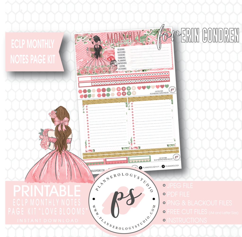 Love Blooms Monthly Notes Page Kit Digital Printable Planner Stickers (for use with Erin Condren) - Plannerologystudio