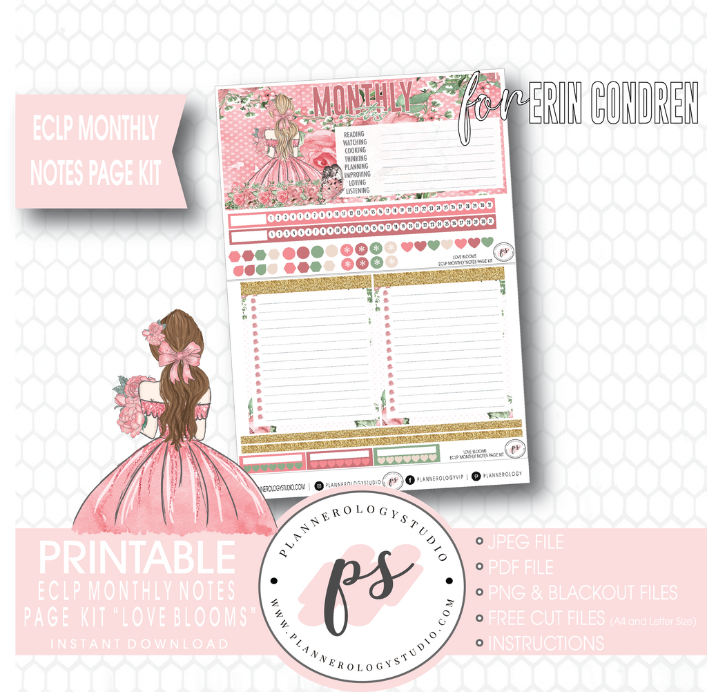 Love Blooms Monthly Notes Page Kit Digital Printable Planner Stickers (for use with Erin Condren) - Plannerologystudio