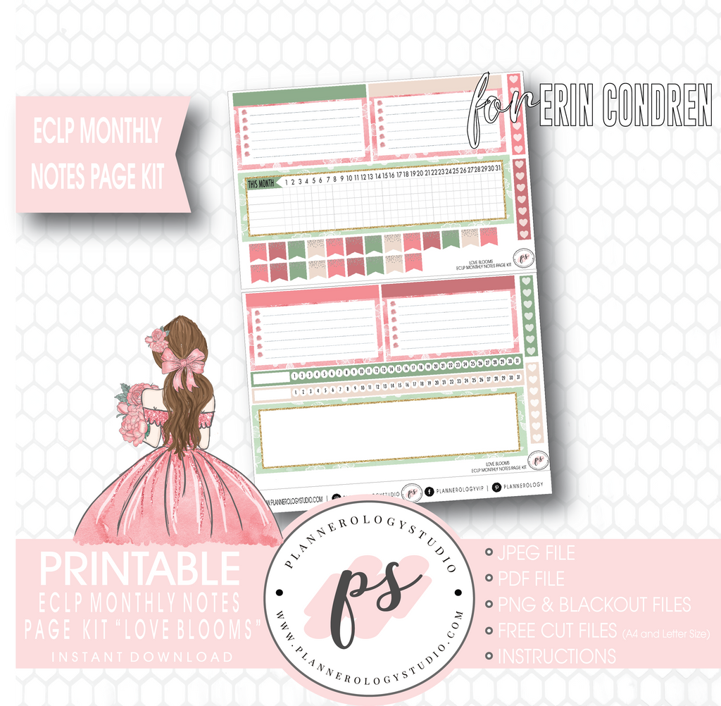 Love Blooms Monthly Notes Page Kit Digital Printable Planner Stickers (for use with Erin Condren) - Plannerologystudio