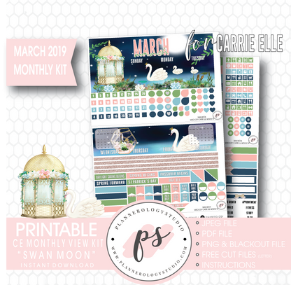 Swan Moon March 2019 Monthly View Kit Digital Printable Planner Stickers (for use with Carrie Elle Planner) - Plannerologystudio