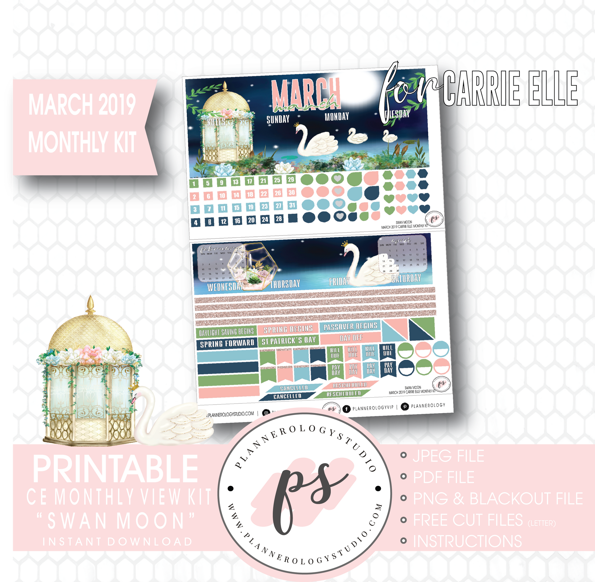 Swan Moon March 2019 Monthly View Kit Digital Printable Planner Stickers (for use with Carrie Elle Planner) - Plannerologystudio