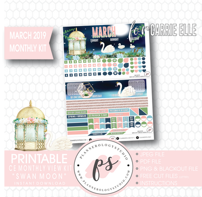 Swan Moon March 2019 Monthly View Kit Digital Printable Planner Stickers (for use with Carrie Elle Planner) - Plannerologystudio