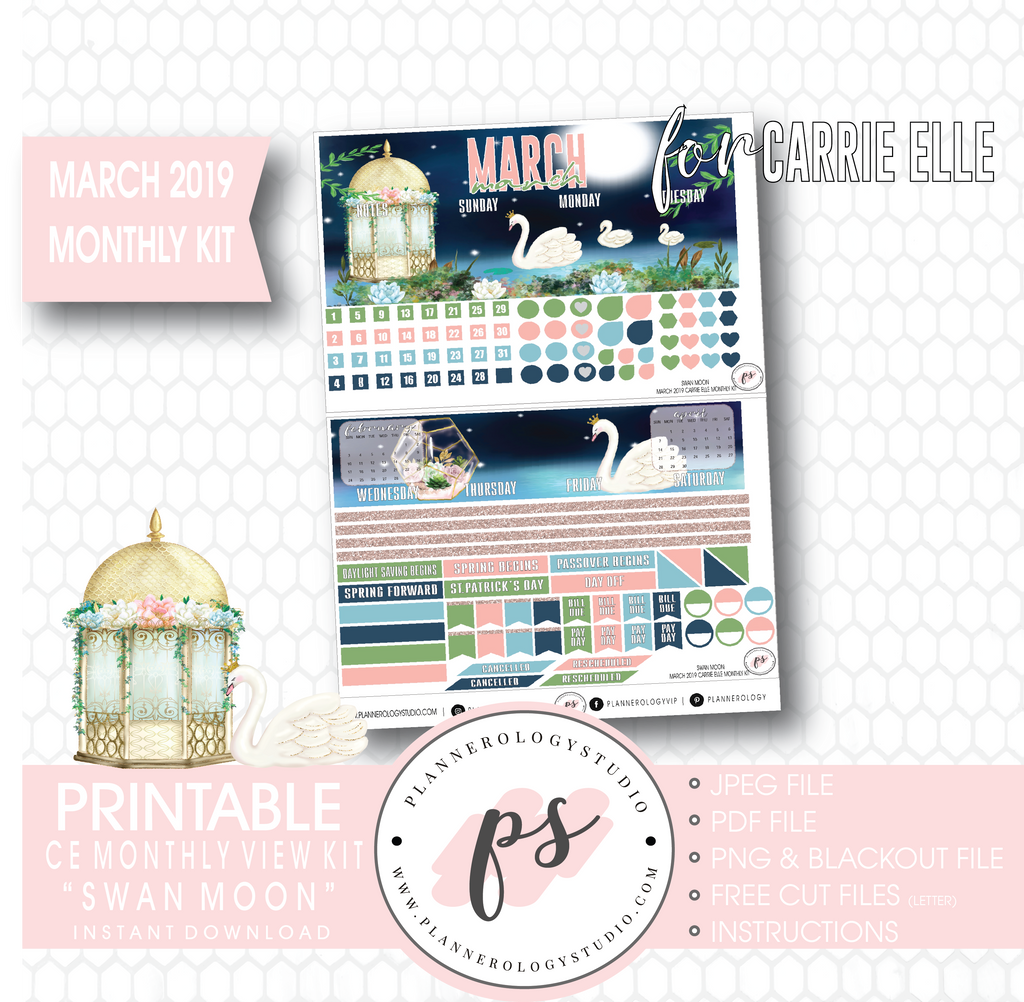 Swan Moon March 2019 Monthly View Kit Digital Printable Planner Stickers (for use with Carrie Elle Planner) - Plannerologystudio