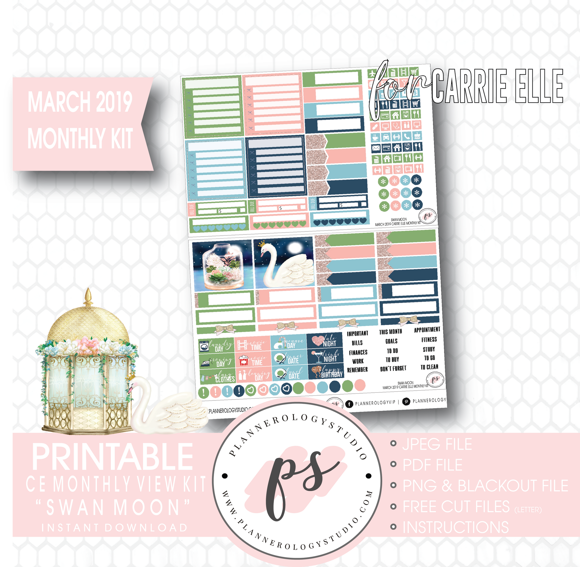Swan Moon March 2019 Monthly View Kit Digital Printable Planner Stickers (for use with Carrie Elle Planner) - Plannerologystudio