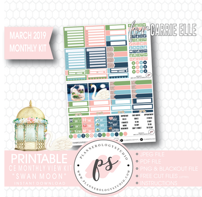 Swan Moon March 2019 Monthly View Kit Digital Printable Planner Stickers (for use with Carrie Elle Planner) - Plannerologystudio