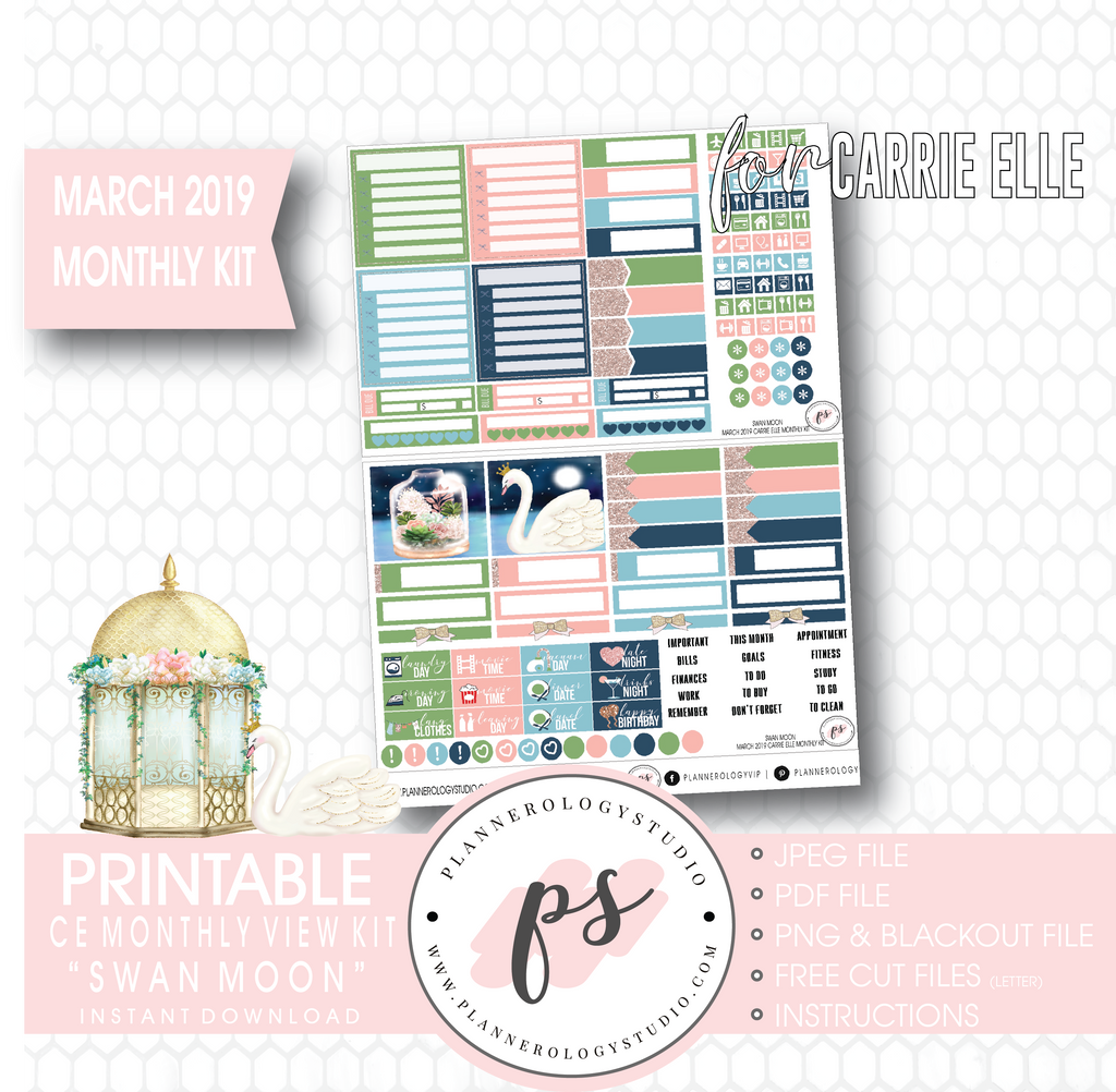 Swan Moon March 2019 Monthly View Kit Digital Printable Planner Stickers (for use with Carrie Elle Planner) - Plannerologystudio