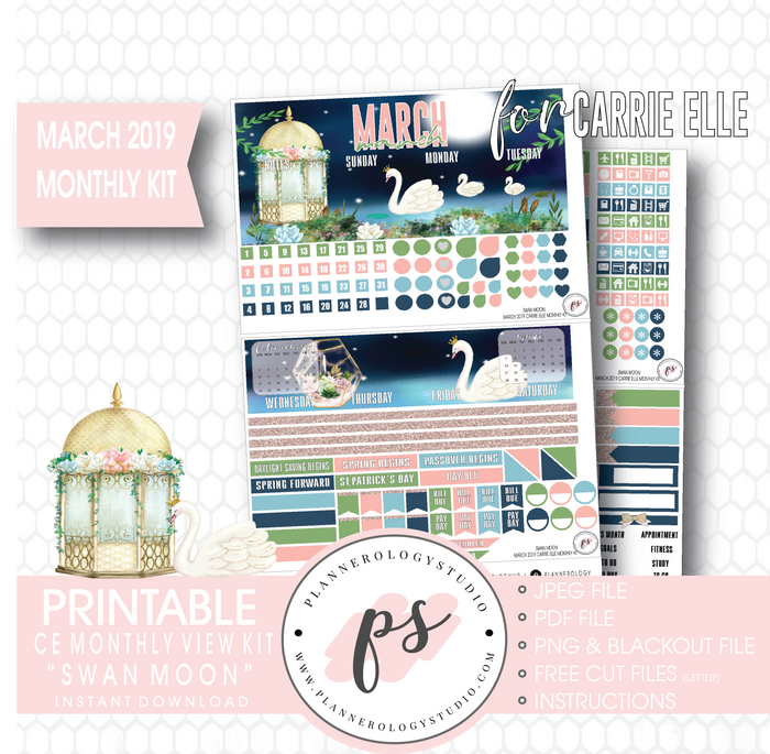 Swan Moon March 2019 Monthly View Kit Digital Printable Planner Stickers (for use with Carrie Elle Planner) - Plannerologystudio