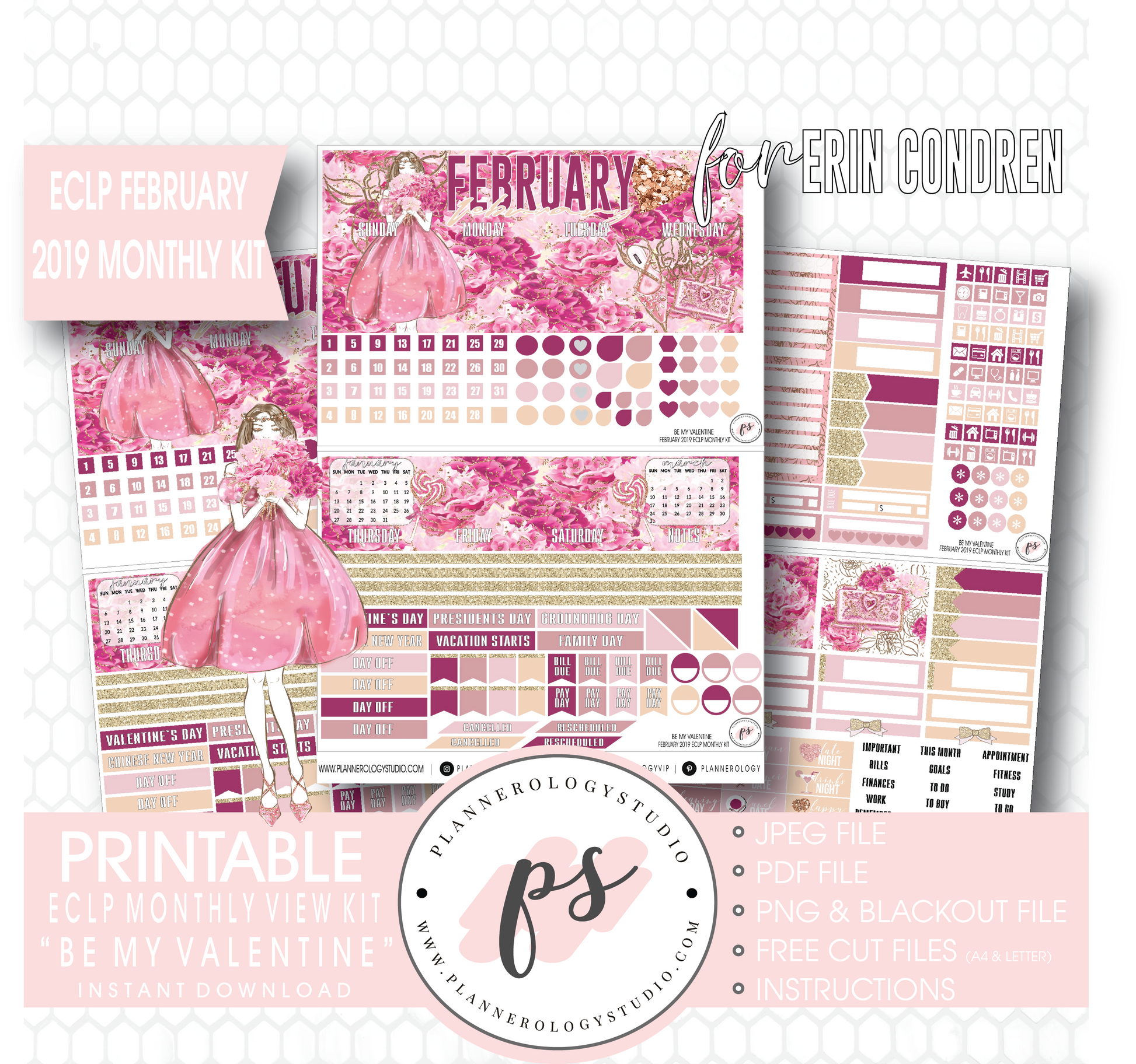Be My Valentine February 2019 Monthly View Kit Digital Printable Planner Stickers (for use with Erin Condren) - Plannerologystudio