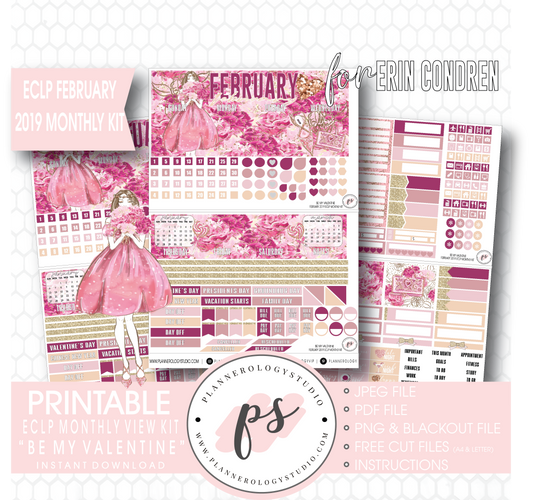 Be My Valentine February 2019 Monthly View Kit Digital Printable Planner Stickers (for use with Erin Condren) - Plannerologystudio