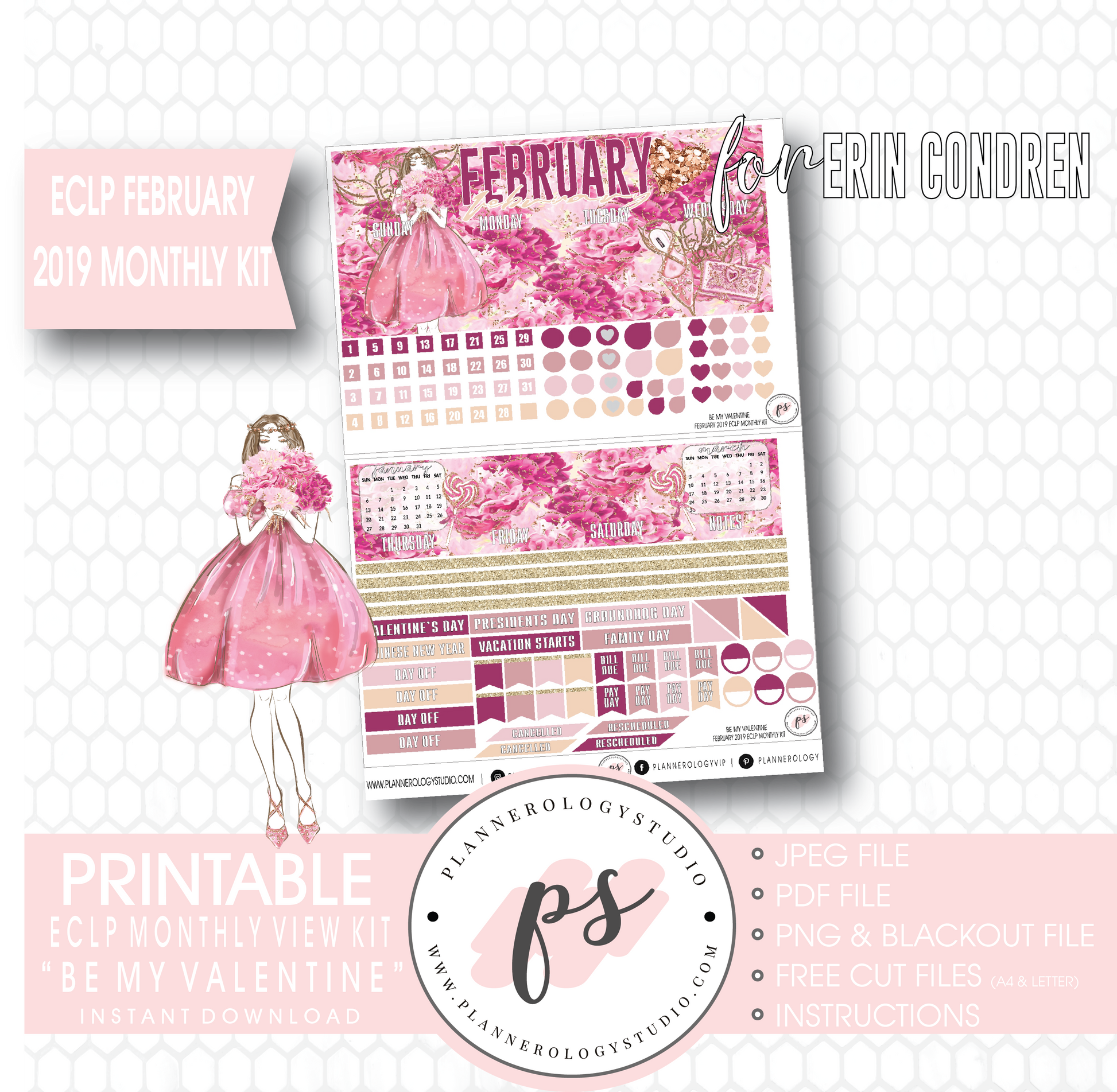 Be My Valentine February 2019 Monthly View Kit Digital Printable Planner Stickers (for use with Erin Condren) - Plannerologystudio