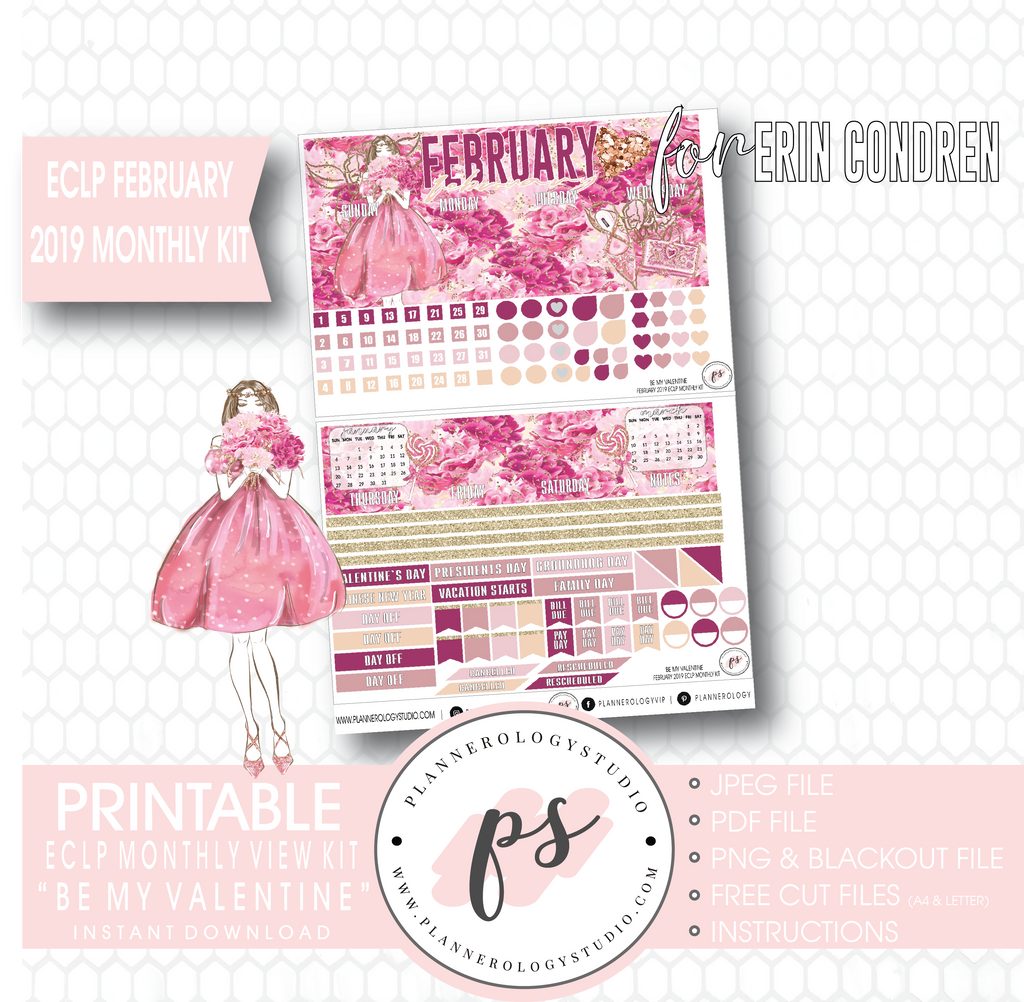 Be My Valentine February 2019 Monthly View Kit Digital Printable Planner Stickers (for use with Erin Condren) - Plannerologystudio