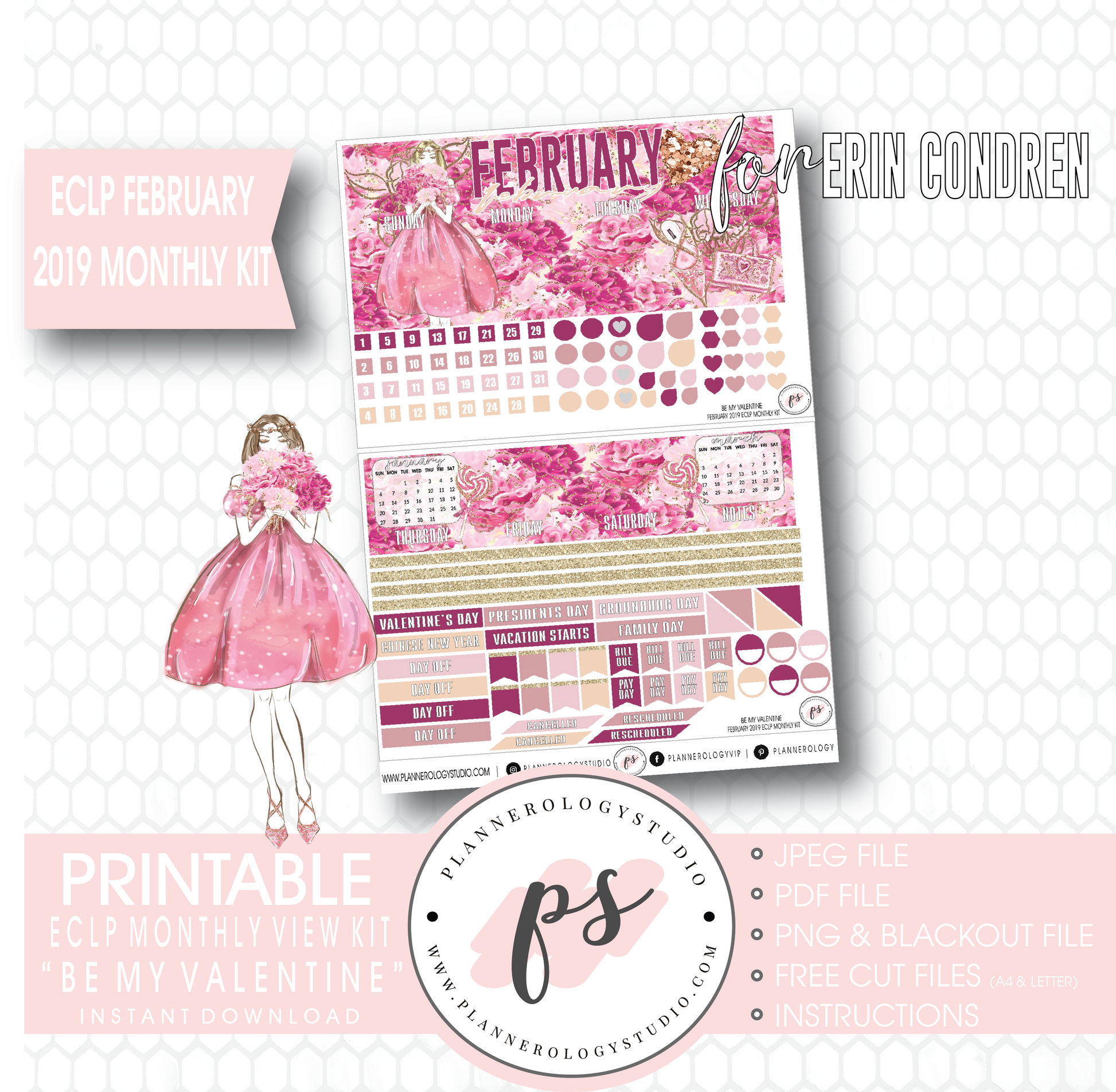 Be My Valentine February 2019 Monthly View Kit Digital Printable Planner Stickers (for use with Erin Condren) - Plannerologystudio