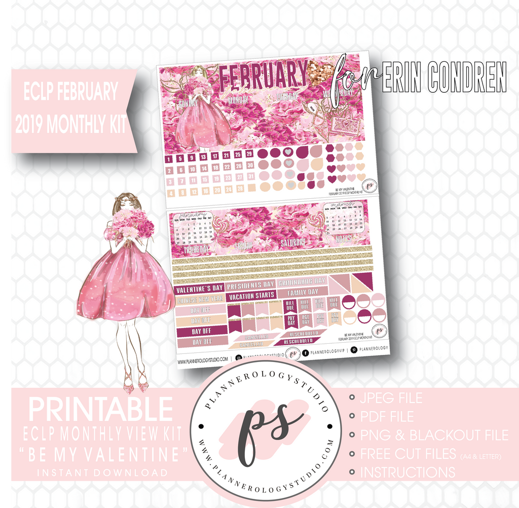 Be My Valentine February 2019 Monthly View Kit Digital Printable Planner Stickers (for use with Erin Condren) - Plannerologystudio