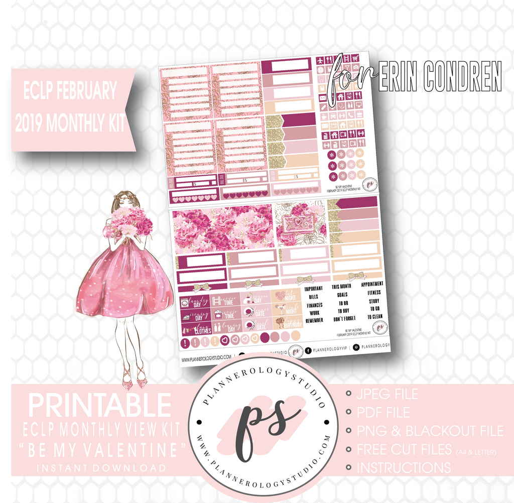 Be My Valentine February 2019 Monthly View Kit Digital Printable Planner Stickers (for use with Erin Condren) - Plannerologystudio