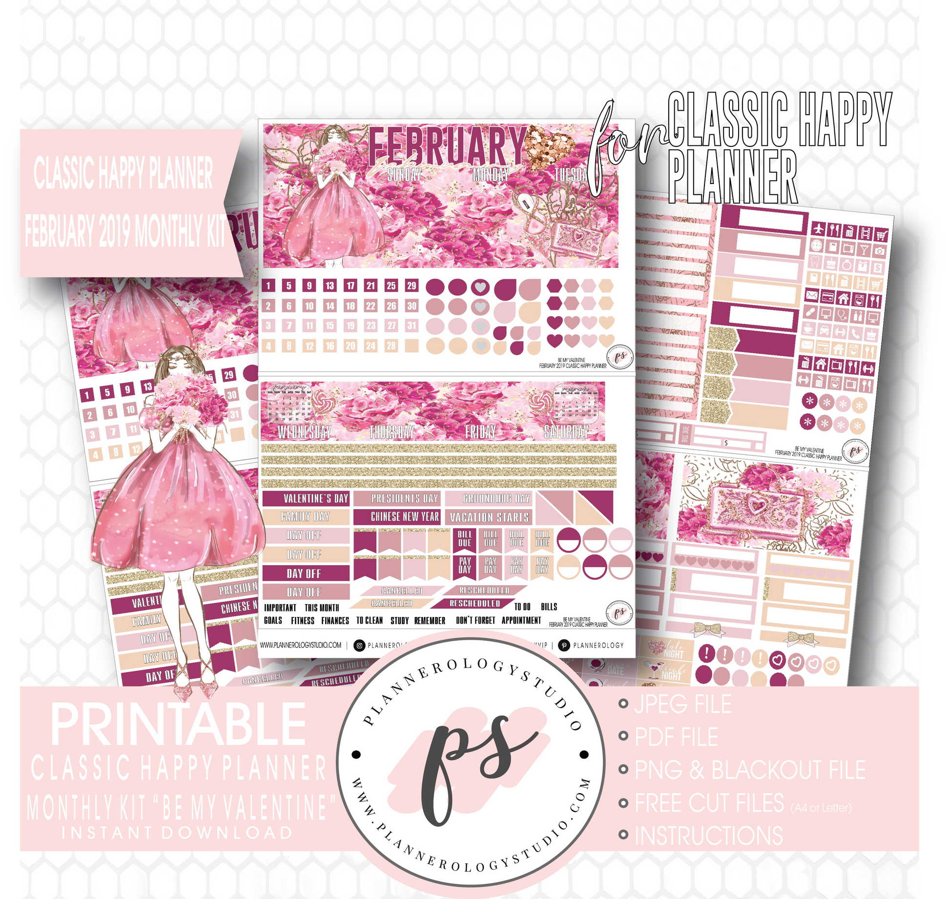 Be My Valentine February 2019 Monthly View Kit Digital Printable Planner Stickers (for use with Classic Happy Planner) - Plannerologystudio