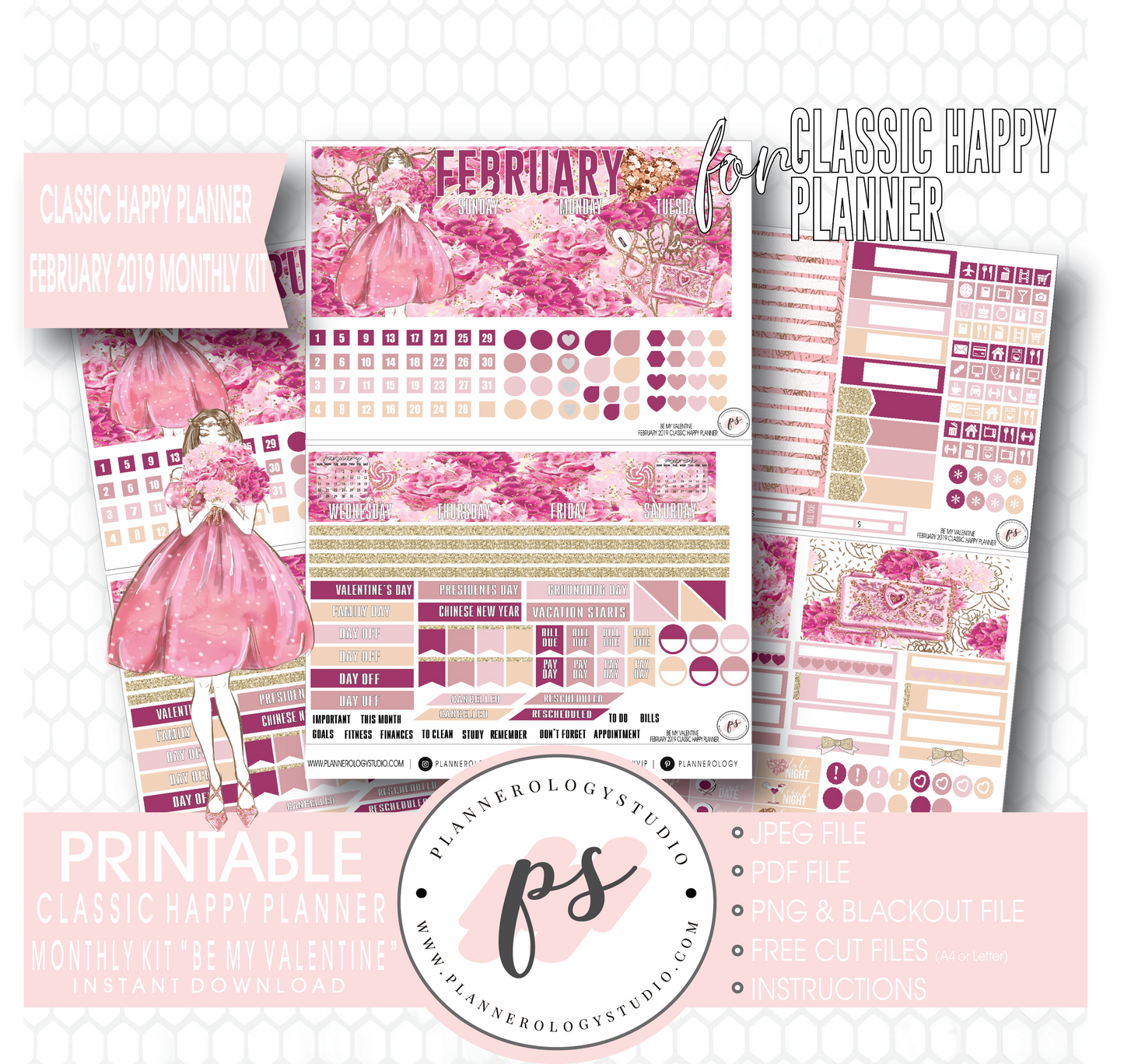 Be My Valentine February 2019 Monthly View Kit Digital Printable Planner Stickers (for use with Classic Happy Planner) - Plannerologystudio