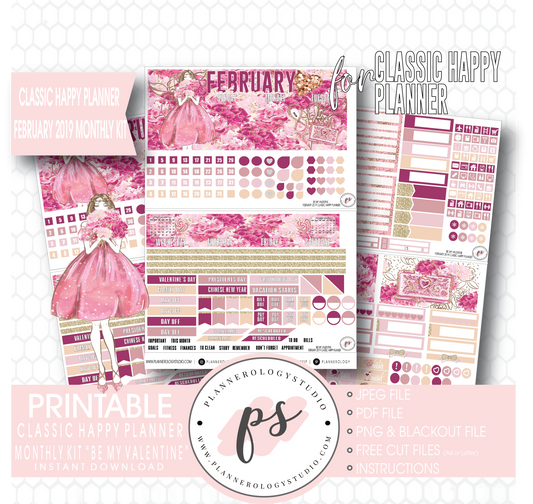 Be My Valentine February 2019 Monthly View Kit Digital Printable Planner Stickers (for use with Classic Happy Planner) - Plannerologystudio