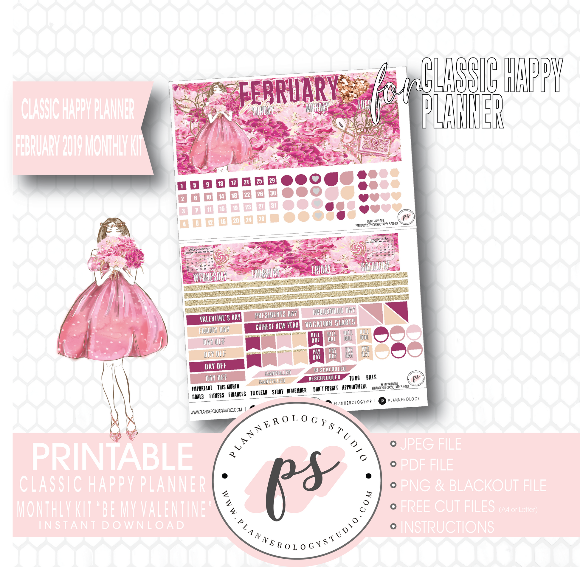 Be My Valentine February 2019 Monthly View Kit Digital Printable Planner Stickers (for use with Classic Happy Planner) - Plannerologystudio