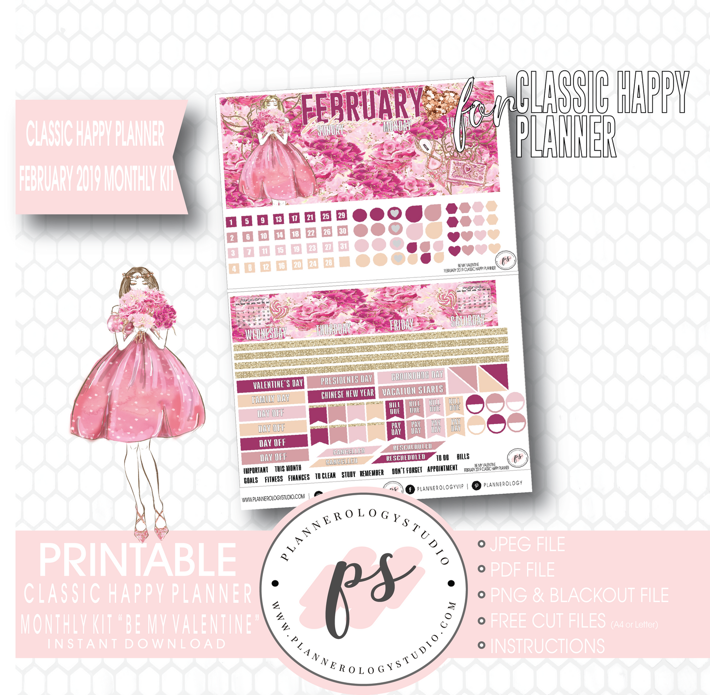 Be My Valentine February 2019 Monthly View Kit Digital Printable Planner Stickers (for use with Classic Happy Planner) - Plannerologystudio