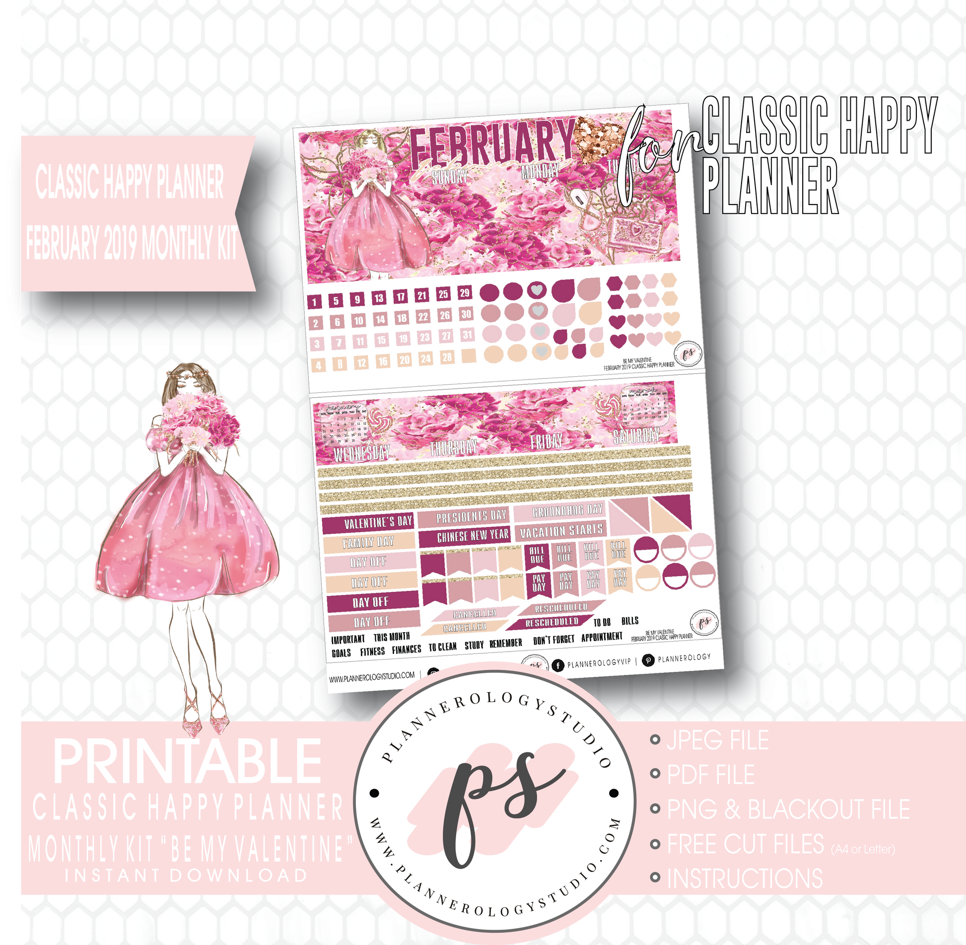 Be My Valentine February 2019 Monthly View Kit Digital Printable Planner Stickers (for use with Classic Happy Planner) - Plannerologystudio