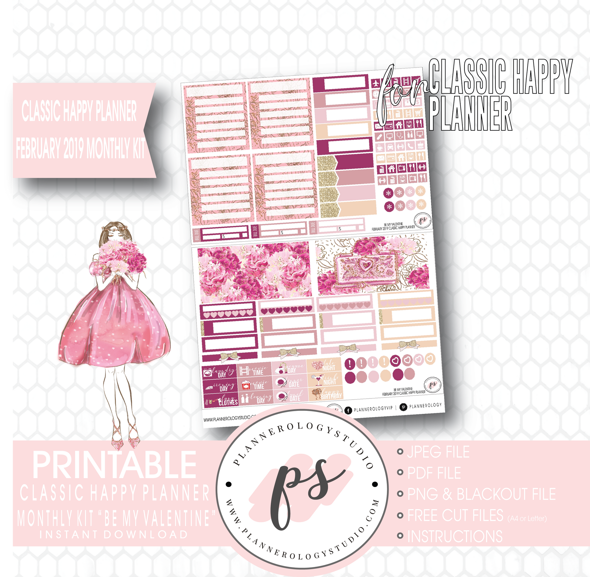 Be My Valentine February 2019 Monthly View Kit Digital Printable Planner Stickers (for use with Classic Happy Planner) - Plannerologystudio