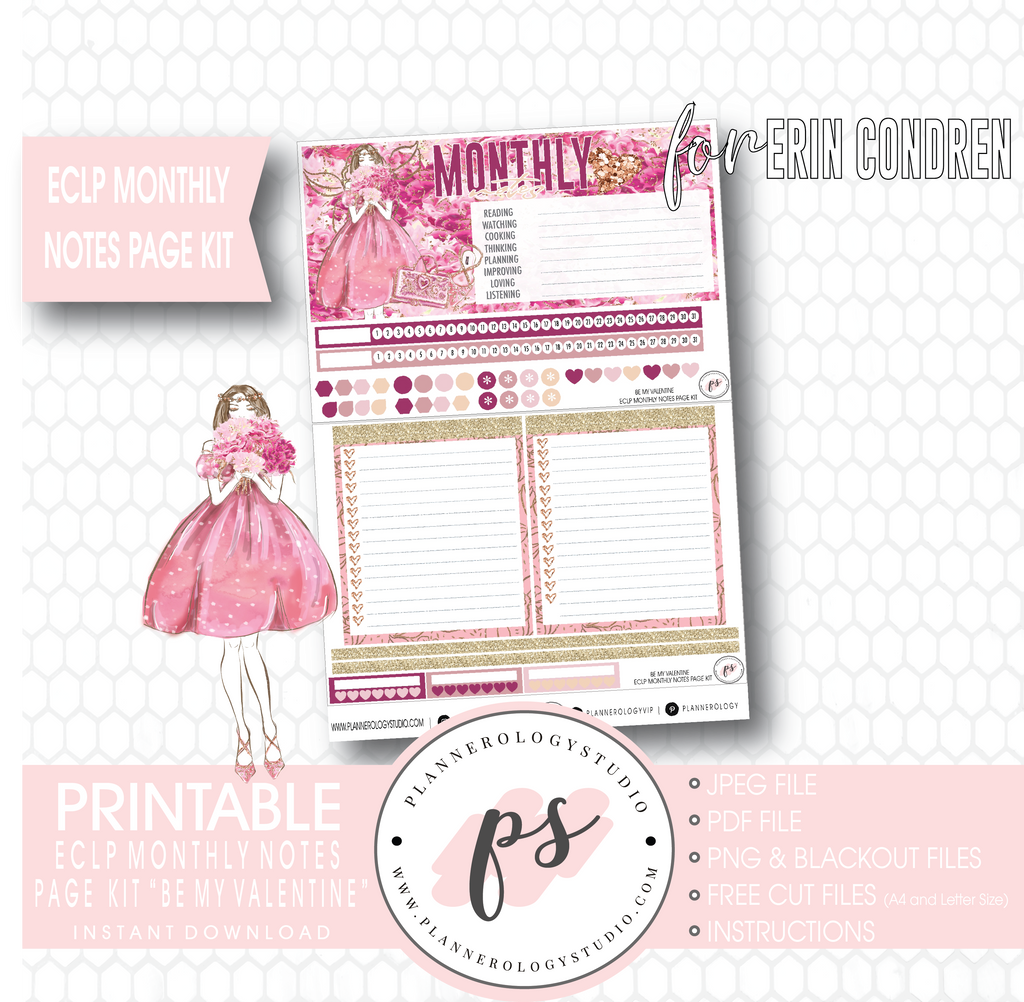 Be My Valentine Monthly Notes Page Kit Digital Printable Planner Stickers (for use with Erin Condren) - Plannerologystudio
