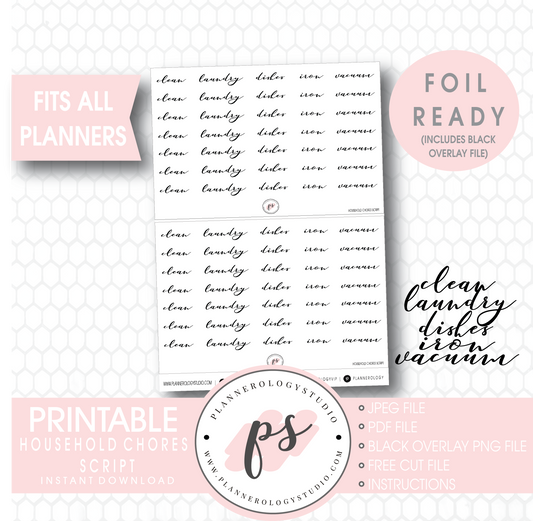 Household Chores (Clean, Laundry, Dishes, Iron, Vacuum) Script Digital Printable Planner Stickers (Foil Ready) - Plannerologystudio