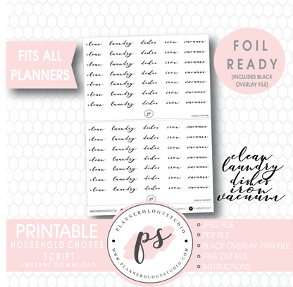 Household Chores (Clean, Laundry, Dishes, Iron, Vacuum) Script Digital Printable Planner Stickers (Foil Ready) - Plannerologystudio