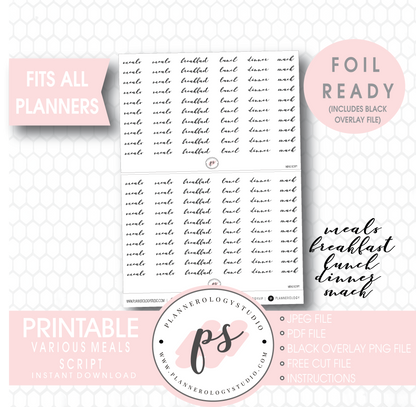 Various Meals (Meals, Breakfast, Lunch, Dinner, Snack) Script Digital Printable Planner Stickers (Foil Ready) - Plannerologystudio