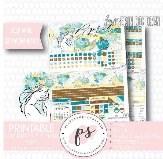 Mint April 2019 Monthly View Kit Digital Printable Planner Stickers (for use with Erin Condren) - Plannerologystudio