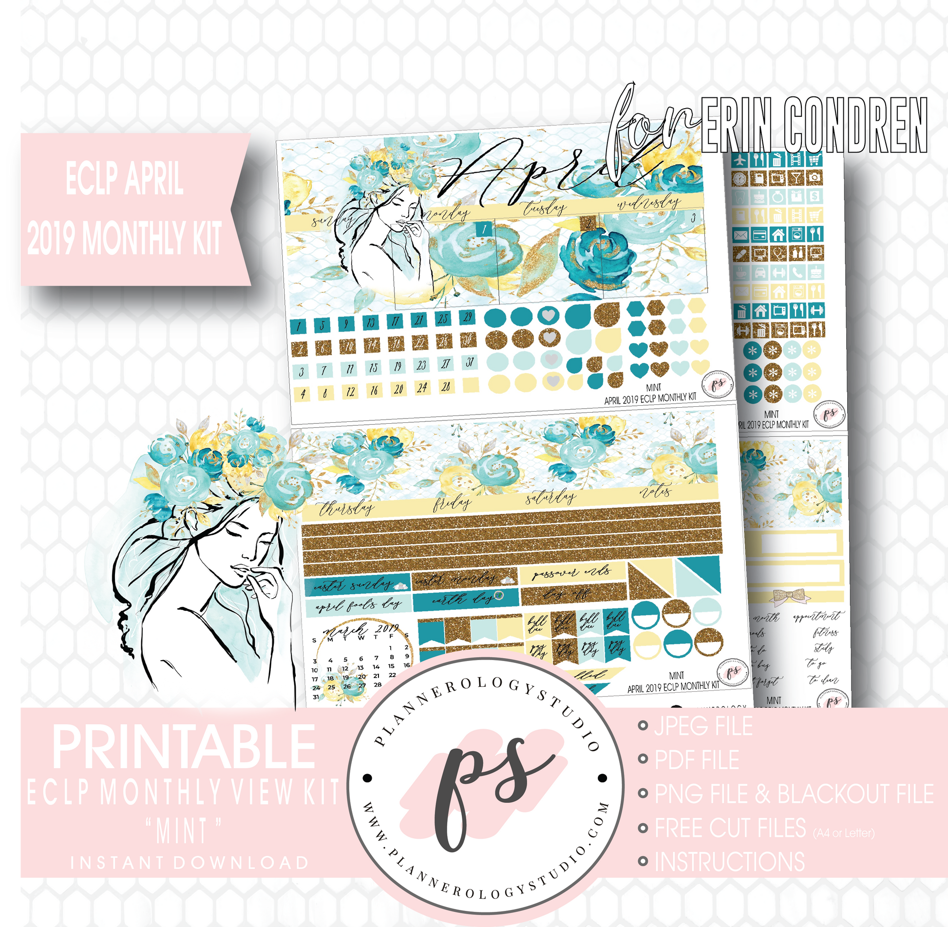 Mint April 2019 Monthly View Kit Digital Printable Planner Stickers (for use with Erin Condren) - Plannerologystudio