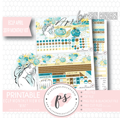 Mint April 2019 Monthly View Kit Digital Printable Planner Stickers (for use with Erin Condren) - Plannerologystudio