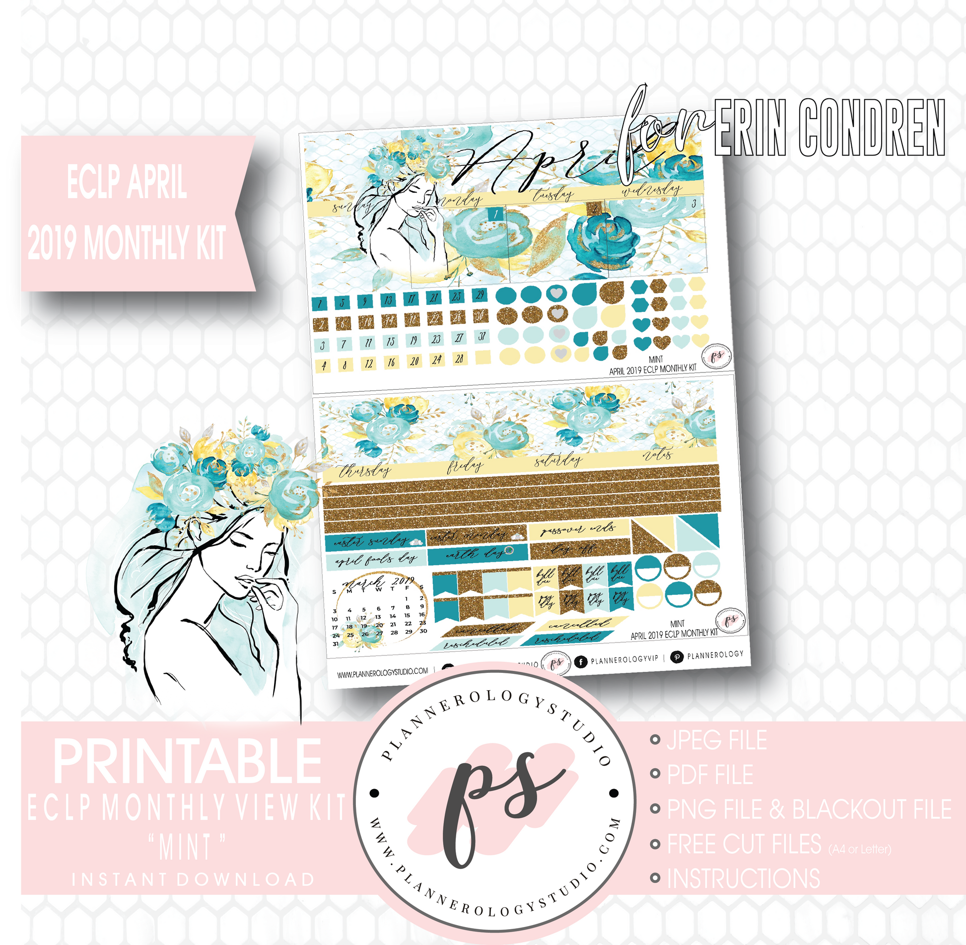 Mint April 2019 Monthly View Kit Digital Printable Planner Stickers (for use with Erin Condren) - Plannerologystudio