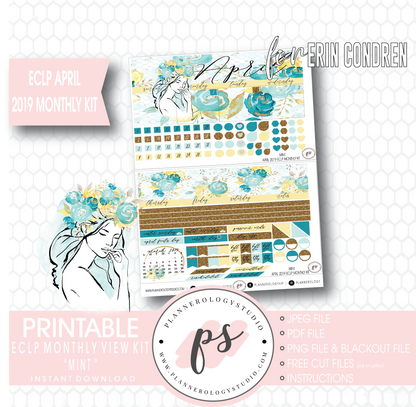 Mint April 2019 Monthly View Kit Digital Printable Planner Stickers (for use with Erin Condren) - Plannerologystudio