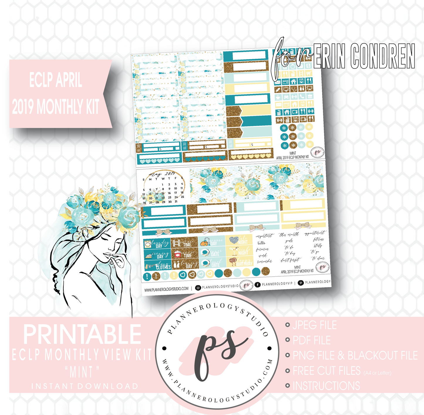 Mint April 2019 Monthly View Kit Digital Printable Planner Stickers (for use with Erin Condren) - Plannerologystudio
