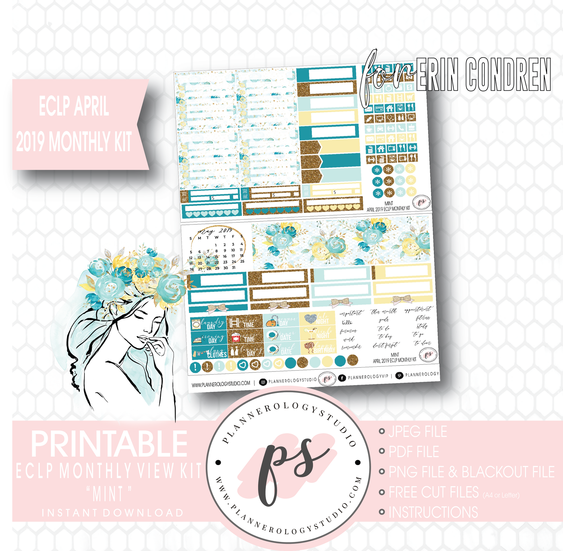 Mint April 2019 Monthly View Kit Digital Printable Planner Stickers (for use with Erin Condren) - Plannerologystudio