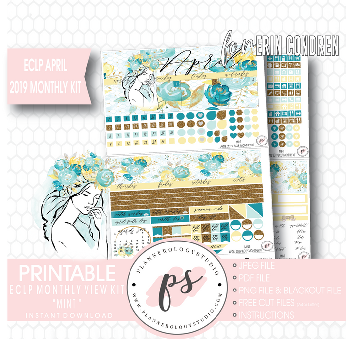 Mint April 2019 Monthly View Kit Digital Printable Planner Stickers (for use with Erin Condren) - Plannerologystudio