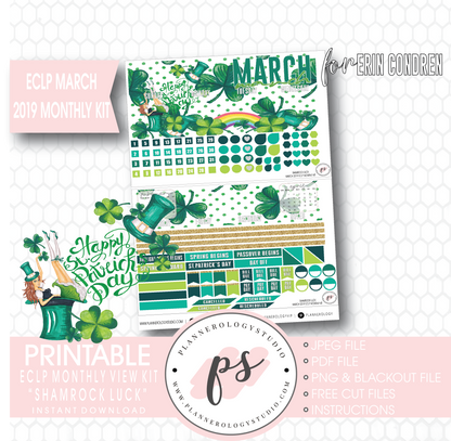 Shamrock Luck St Patrick's Day March 2019 Monthly View Kit Digital Printable Planner Stickers (for use with Erin Condren) - Plannerologystudio
