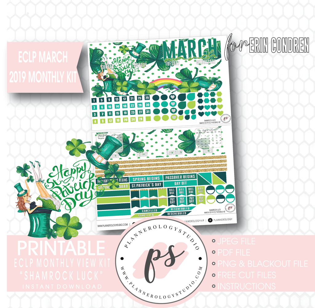 Shamrock Luck St Patrick's Day March 2019 Monthly View Kit Digital Printable Planner Stickers (for use with Erin Condren) - Plannerologystudio