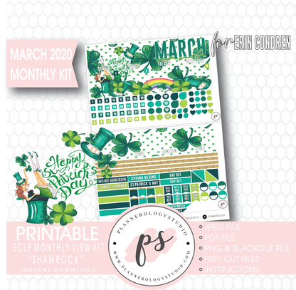 Shamrock St Patrick's Day March 2020 Monthly View Kit Digital Printable Planner Stickers (for use with Erin Condren) - Plannerologystudio
