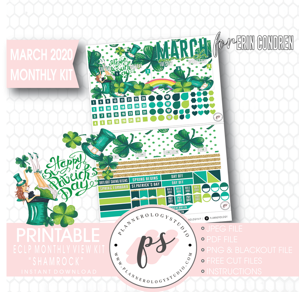 Shamrock St Patrick's Day March 2020 Monthly View Kit Digital Printable Planner Stickers (for use with Erin Condren) - Plannerologystudio