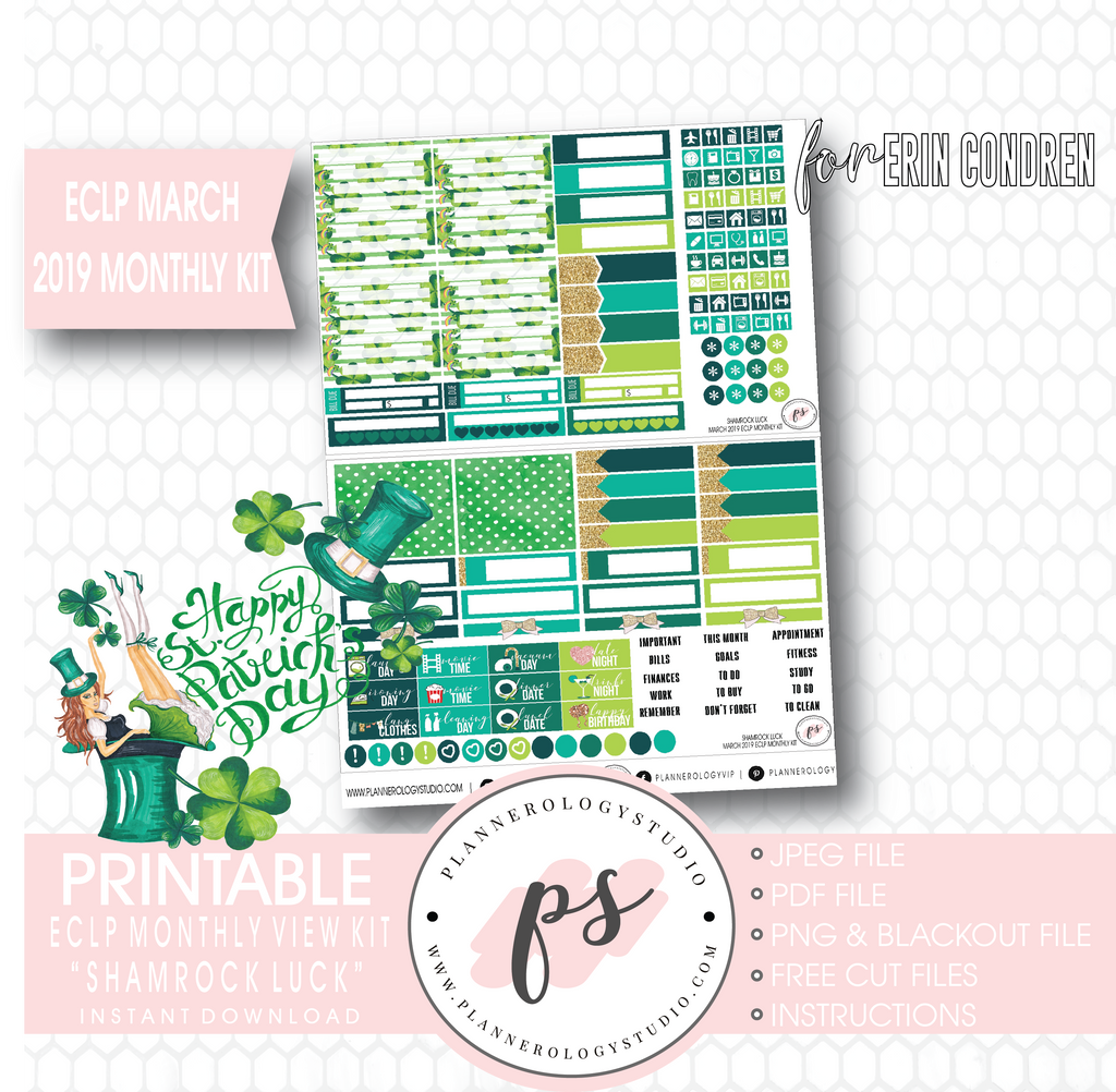 Shamrock Luck St Patrick's Day March 2019 Monthly View Kit Digital Printable Planner Stickers (for use with Erin Condren) - Plannerologystudio