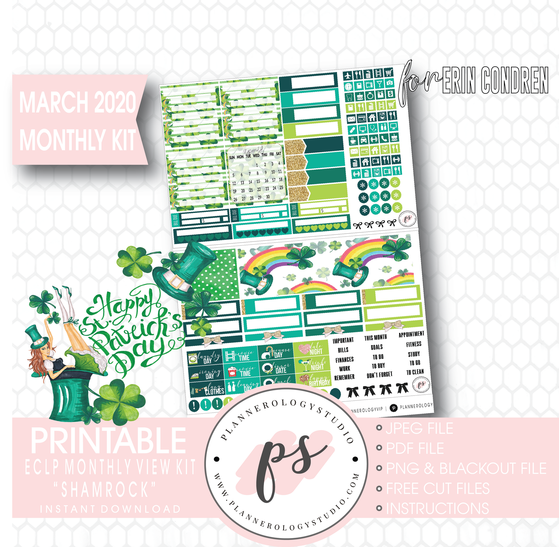 Shamrock St Patrick's Day March 2020 Monthly View Kit Digital Printable Planner Stickers (for use with Erin Condren) - Plannerologystudio