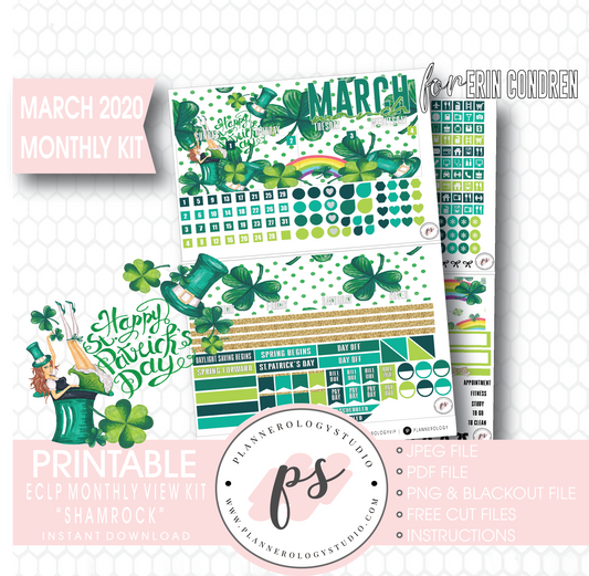 Shamrock St Patrick's Day March 2020 Monthly View Kit Digital Printable Planner Stickers (for use with Erin Condren) - Plannerologystudio