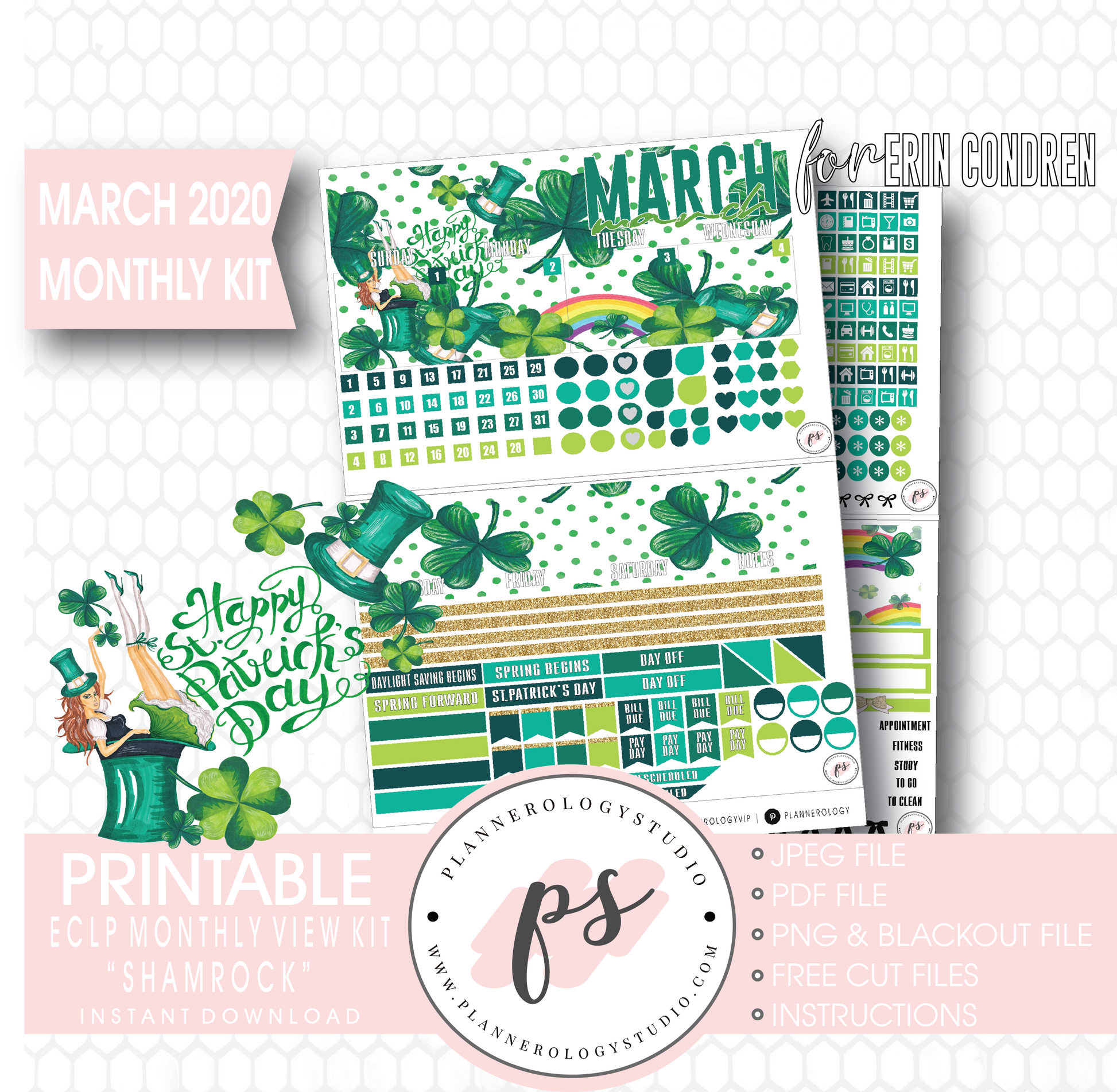 Shamrock St Patrick's Day March 2020 Monthly View Kit Digital Printable Planner Stickers (for use with Erin Condren) - Plannerologystudio