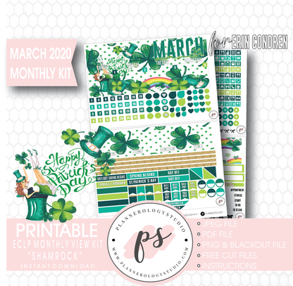 Shamrock St Patrick's Day March 2020 Monthly View Kit Digital Printable Planner Stickers (for use with Erin Condren) - Plannerologystudio