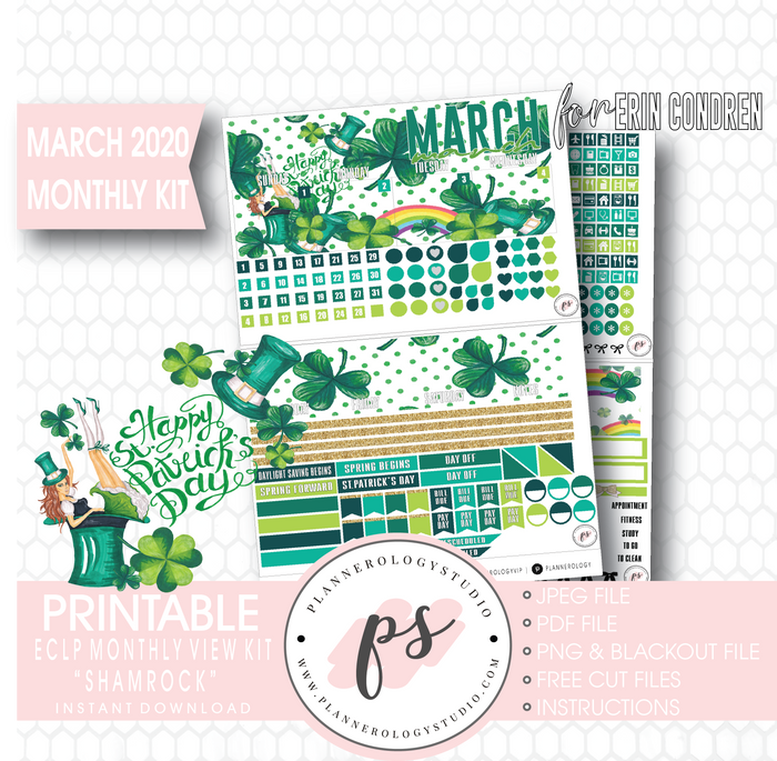 Shamrock St Patrick's Day March 2020 Monthly View Kit Digital Printable Planner Stickers (for use with Erin Condren) - Plannerologystudio
