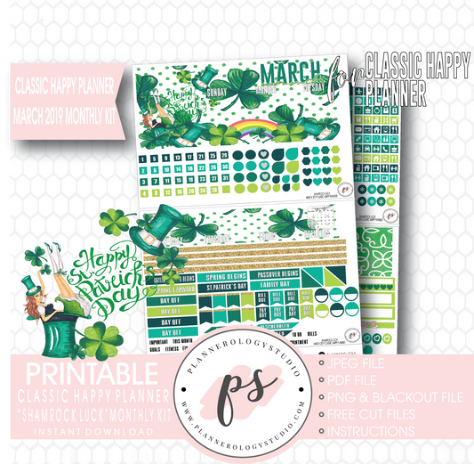 Shamrock Luck St Patrick's Day March 2019 Monthly View Kit Digital Printable Planner Stickers (for use with Classic Happy Planner) - Plannerologystudio